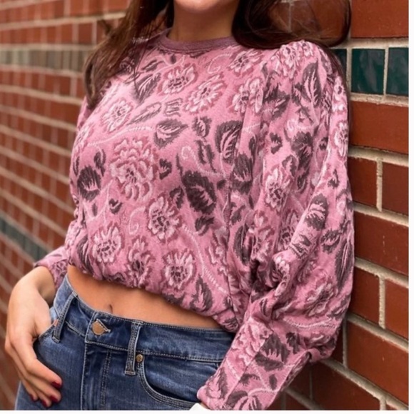 Free People No Ordinary Floral Jacquard Knit Puff Sleeves Top Pink Open Back - Picture 16 of 16